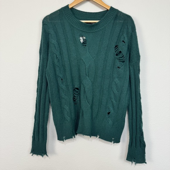 Aqua Cashmere Sweaters - Aqua Cashmere Sweater Women's Medium Green Distressed Cable Knit Pullover Grunge